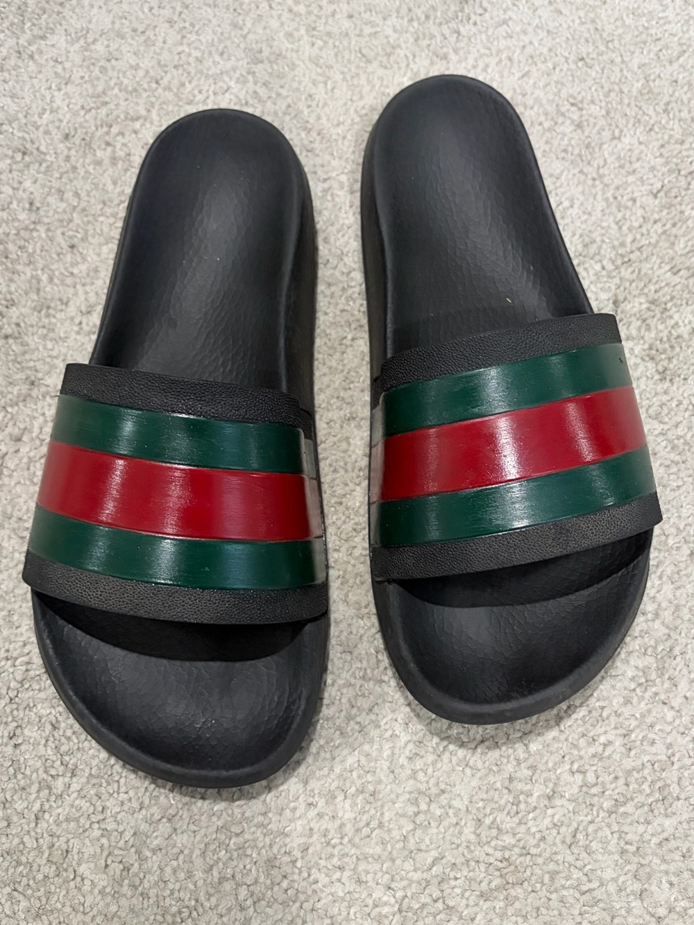 Gucci Black Rubber Slides with Logo Stripes, Men’s Sandals Size 8, Designer
